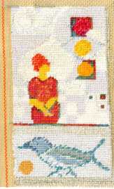 'woman and bird', Taperty embroidery, wool, silk, hemp on canvas